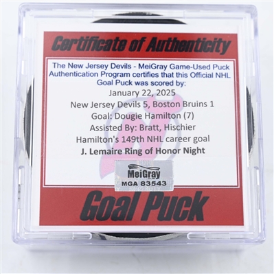 Dougie Hamilton - New Jersey Devils - Goal Puck - January 22, 2025 vs. Boston Bruins (Devils Logo)