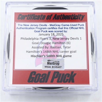 Dougie Hamilton - New Jersey Devils - Goal Puck - January 18, 2025 vs. Philadelphia Flyers (Devils Logo)
