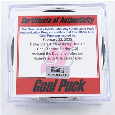 Thomas Harley - Dallas Stars - Goal Puck - February 22, 2025 vs. New Jersey Devils (Devils Logo)