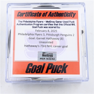Garnet Hathaway - Philadelphia Flyers - Goal Puck - February 8, 2025 vs. Pittsburgh Penguins (Flyers Logo)