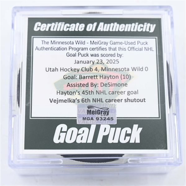 Barrett Hayton - Utah Hockey Club - Goal Puck - January 23, 2025 vs. Minnesota Wild (Wild Logo)