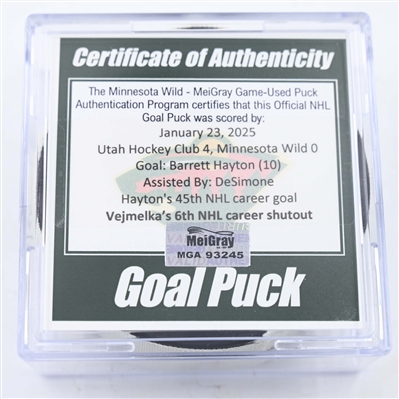 Barrett Hayton - Utah Hockey Club - Goal Puck - January 23, 2025 vs. Minnesota Wild (Wild Logo)