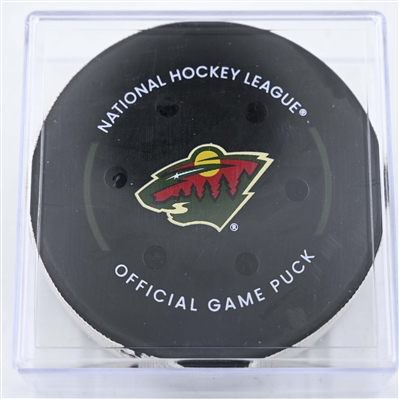 Barrett Hayton - Utah Hockey Club - Goal Puck - January 23, 2025 vs. Minnesota Wild (Wild Logo)