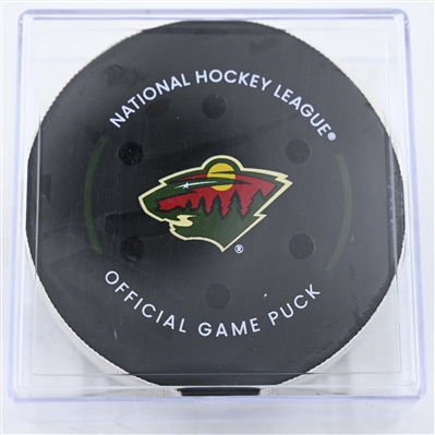 Barrett Hayton - Utah Hockey Club - Goal Puck - January 23, 2025 vs. Minnesota Wild (Wild Logo)