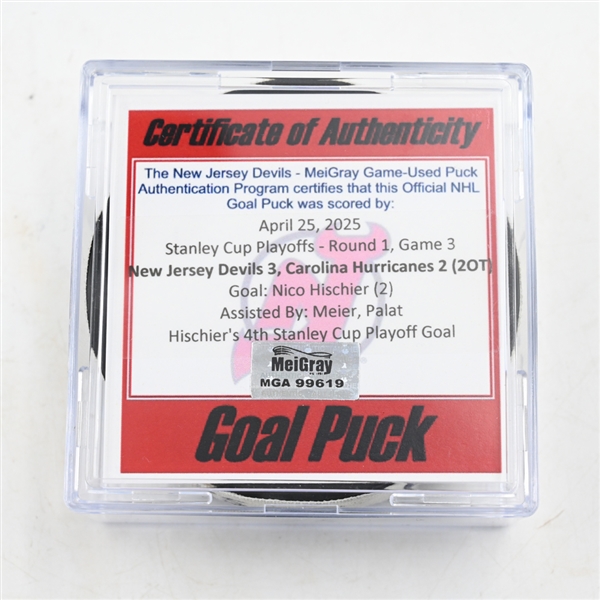 Nico Hischier - New Jersey Devils - Goal Puck - April 25, 2025 vs. Carolina Hurricanes - 2025 Stanley Cup Playoffs - Round 1, Game 3 (Devils Logo)