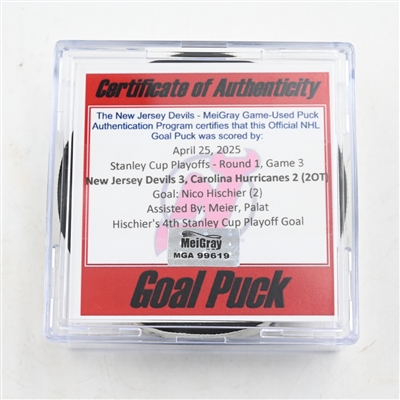 Nico Hischier - New Jersey Devils - Goal Puck - April 25, 2025 vs. Carolina Hurricanes - 2025 Stanley Cup Playoffs - Round 1, Game 3 (Devils Logo)
