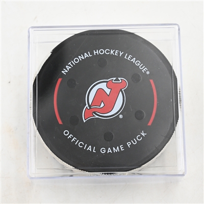 Nico Hischier - New Jersey Devils - Goal Puck - April 25, 2025 vs. Carolina Hurricanes - 2025 Stanley Cup Playoffs - Round 1, Game 3 (Devils Logo)