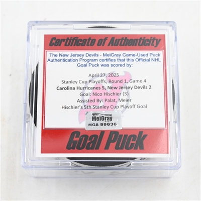 Nico Hischier - New Jersey Devils - Goal Puck - April 27, 2025 vs. Carolina Hurricanes - 2025 Stanley Cup Playoffs - Round 1, Game 4 (Devils Logo)