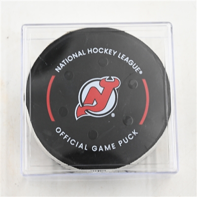 Nico Hischier - New Jersey Devils - Goal Puck - April 27, 2025 vs. Carolina Hurricanes - 2025 Stanley Cup Playoffs - Round 1, Game 4 (Devils Logo)