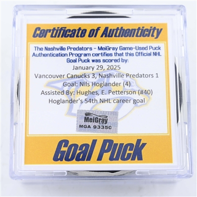 Nils Hoglander - Vancouver Canucks - Goal Puck - January 29, 2025 vs. Nashville Predators (Predators Logo)