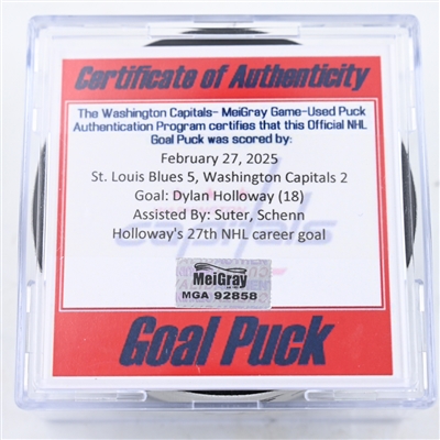 Dylan Holloway - St. Louis Blues - Goal Puck - February 27, 2025 vs. Washington Capitals (Capitals' 50th Anniversary Logo)