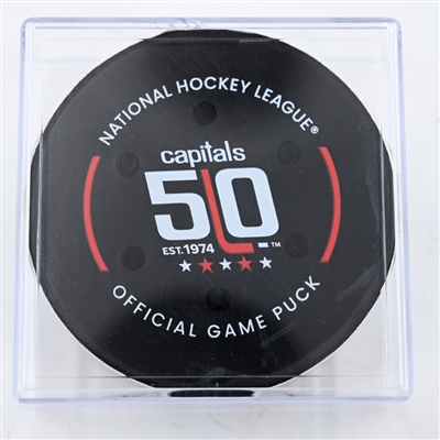 Dylan Holloway - St. Louis Blues - Goal Puck - February 27, 2025 vs. Washington Capitals (Capitals' 50th Anniversary Logo)