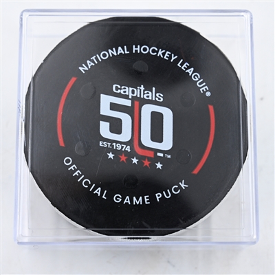 Jonathan Huberdeau - Calgary Flames - Goal Puck - February 25, 2025 vs. Washington Capitals (Capitals' 50th Anniversary Logo)