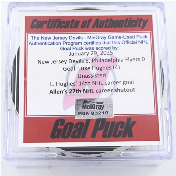 Luke Hughes - New Jersey Devils - Goal Puck - January 29, 2025 vs. Philadelphia Flyers (Devils Logo)