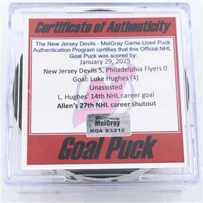 Luke Hughes - New Jersey Devils - Goal Puck - January 29, 2025 vs. Philadelphia Flyers (Devils Logo)