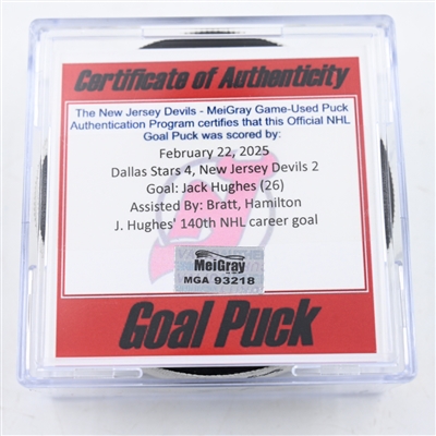 Jack Hughes - New Jersey Devils - Goal Puck - February 22, 2025 vs. Dallas Stars (Devils Logo)