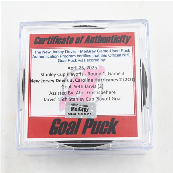 Seth Jarvis - Carolina Hurricanes - Goal Puck - April 25, 2025 vs. New Jersey Devils - 2025 Stanley Cup Playoffs - Round 1, Game 3 (Devils Logo) 