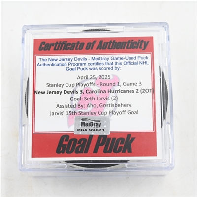 Seth Jarvis - Carolina Hurricanes - Goal Puck - April 25, 2025 vs. New Jersey Devils - 2025 Stanley Cup Playoffs - Round 1, Game 3 (Devils Logo) 