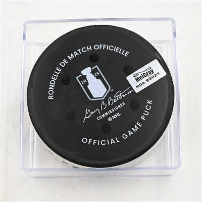 Seth Jarvis - Carolina Hurricanes - Goal Puck - April 25, 2025 vs. New Jersey Devils - 2025 Stanley Cup Playoffs - Round 1, Game 3 (Devils Logo) 