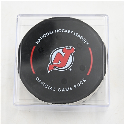 Seth Jarvis - Carolina Hurricanes - Goal Puck - April 25, 2025 vs. New Jersey Devils - 2025 Stanley Cup Playoffs - Round 1, Game 3 (Devils Logo) 