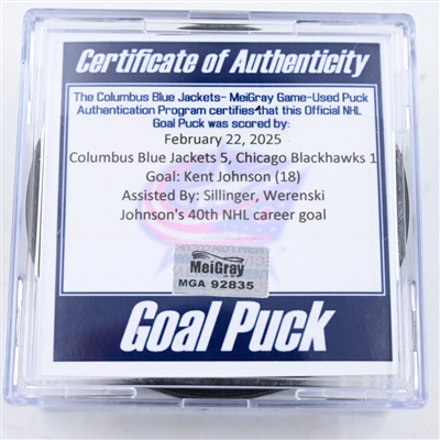 Kent Johnson - Columbus Blue Jackets - Goal Puck - February 22, 2025 vs. Chicago Blackhawks (Blue Jackets Logo)