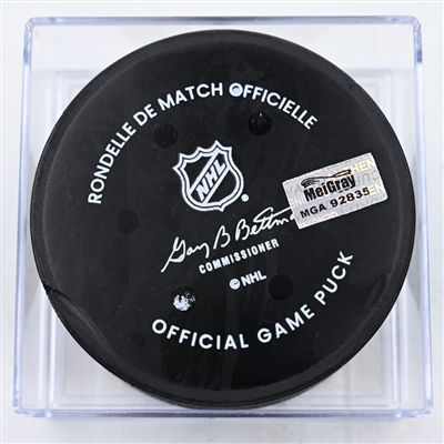 Kent Johnson - Columbus Blue Jackets - Goal Puck - February 22, 2025 vs. Chicago Blackhawks (Blue Jackets Logo)