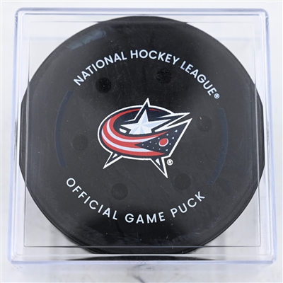 Kent Johnson - Columbus Blue Jackets - Goal Puck - February 22, 2025 vs. Chicago Blackhawks (Blue Jackets Logo)