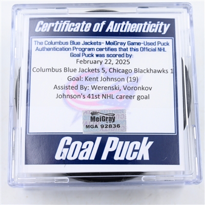 Kent Johnson - Columbus Blue Jackets - Goal Puck - February 22, 2025 vs. Chicago Blackhawks (Blue Jackets Logo)