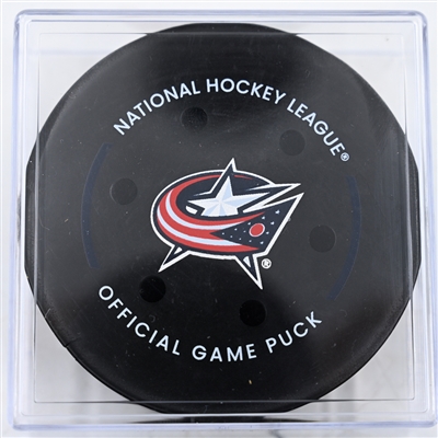 Kent Johnson - Columbus Blue Jackets - Goal Puck - February 22, 2025 vs. Chicago Blackhawks (Blue Jackets Logo)