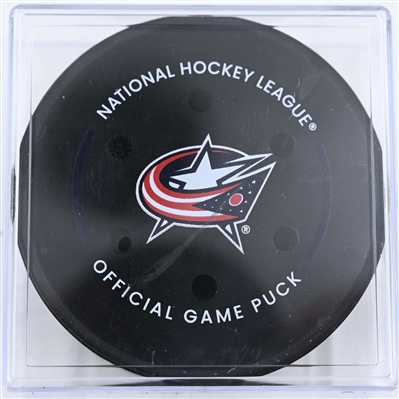 Kent Johnson - Columbus Blue Jackets - Goal Puck - January 16, 2025 vs. San Jose Sharks (Blue Jackets Logo)