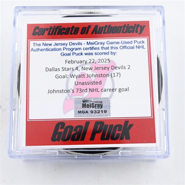 Wyatt Johnston - Dallas Stars - Goal Puck - February 22, 2025 vs. New Jersey Devils (Devils Logo)
