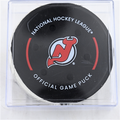 Wyatt Johnston - Dallas Stars - Goal Puck - February 22, 2025 vs. New Jersey Devils (Devils Logo)