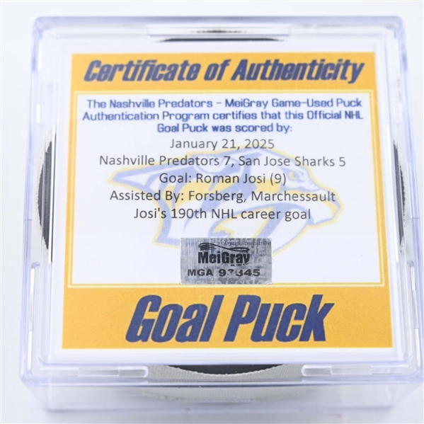 Roman Josi - Nashville Predators - Goal Puck - January 21, 2025 vs. San Jose Sharks (Predators Logo)