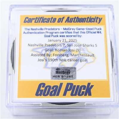 Roman Josi - Nashville Predators - Goal Puck - January 21, 2025 vs. San Jose Sharks (Predators Logo)