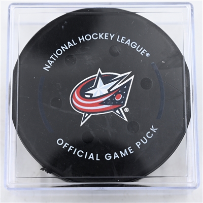 Arthur Kaliyev - New York Rangers - Goal Puck - February 8, 2025 vs. Columbus Blue Jackets (Blue Jackets Logo)