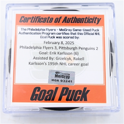 Erik Karlsson - Pittsburgh Penguins - Goal Puck - February 8, 2025 vs. Philadelphia Flyers (Flyers Logo)