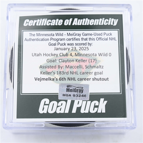 Clayton Keller - Utah Hockey Club - Goal Puck - January 23, 2025 vs. Minnesota Wild (Wild Logo)