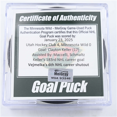 Clayton Keller - Utah Hockey Club - Goal Puck - January 23, 2025 vs. Minnesota Wild (Wild Logo)