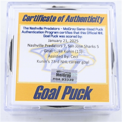Luke Kunin - San Jose Sharks - Goal Puck - January 21, 2025 vs. Nashville Predators (Predators Logo)