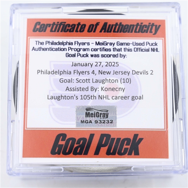 Scott Laughton - Philadelphia Flyers - Goal Puck - January 27, 2025 vs. New Jersey Devils (Flyers Logo)