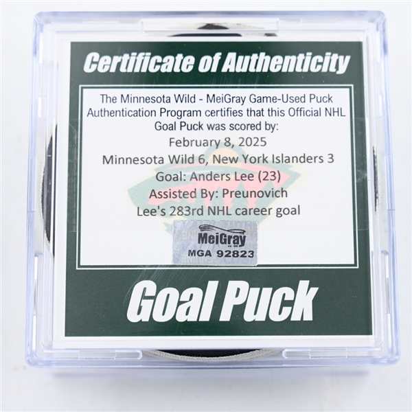 Anders Lee - New York Islanders - Goal Puck - February 8, 2025 vs. Minnesota Wild (Wild Logo)