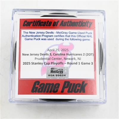New Jersey Devils - Game Puck - April 25, 2025 vs. Carolina Hurricanes - 2025 Stanley Cup Playoffs - Round 1, Game 3 (Devils Logo)