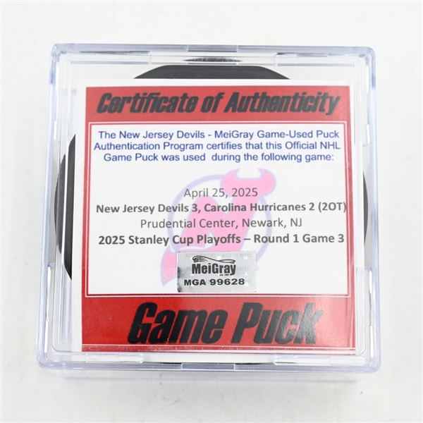 New Jersey Devils - Game Puck - April 25, 2025 vs. Carolina Hurricanes - 2025 Stanley Cup Playoffs - Round 1, Game 3 (Devils Logo)
