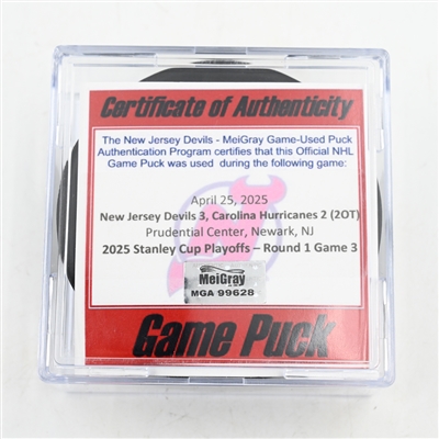 New Jersey Devils - Game Puck - April 25, 2025 vs. Carolina Hurricanes - 2025 Stanley Cup Playoffs - Round 1, Game 3 (Devils Logo)