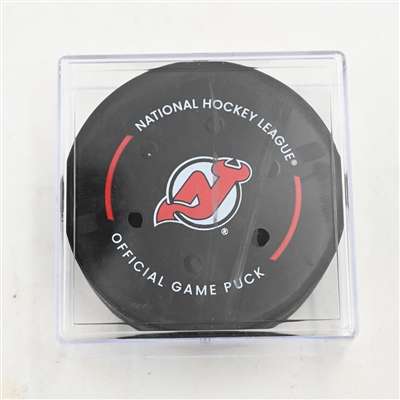 New Jersey Devils - Game Puck - April 25, 2025 vs. Carolina Hurricanes - 2025 Stanley Cup Playoffs - Round 1, Game 3 (Devils Logo)