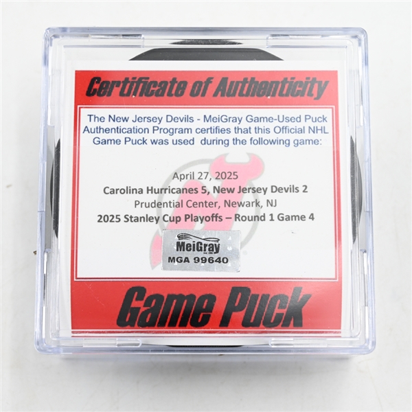 New Jersey Devils - Game Puck - April 27, 2025 vs. Carolina Hurricanes - 2025 Stanley Cup Playoffs - Round 1, Game 4 (Devils Logo)