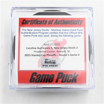 New Jersey Devils - Game Puck - April 27, 2025 vs. Carolina Hurricanes - 2025 Stanley Cup Playoffs - Round 1, Game 4 (Devils Logo)
