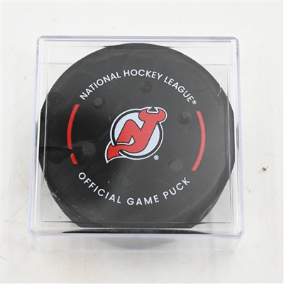New Jersey Devils - Game Puck - April 27, 2025 vs. Carolina Hurricanes - 2025 Stanley Cup Playoffs - Round 1, Game 4 (Devils Logo)