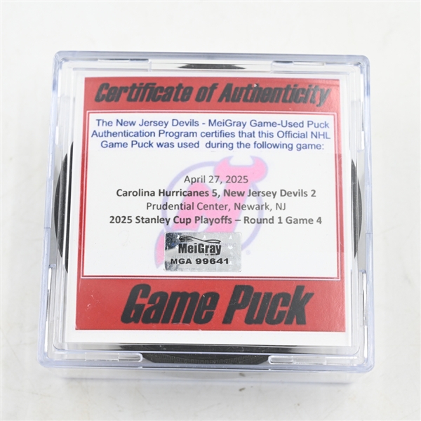 New Jersey Devils - Game Puck - April 27, 2025 vs. Carolina Hurricanes - 2025 Stanley Cup Playoffs - Round 1, Game 4 (Devils Logo)