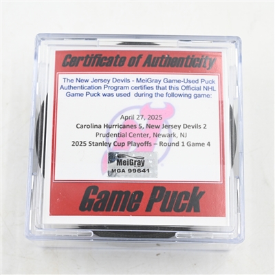 New Jersey Devils - Game Puck - April 27, 2025 vs. Carolina Hurricanes - 2025 Stanley Cup Playoffs - Round 1, Game 4 (Devils Logo)